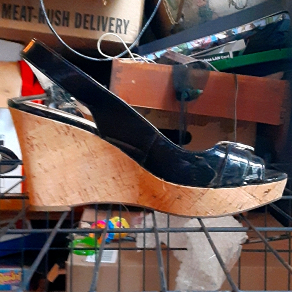 Black leather buckle high heels